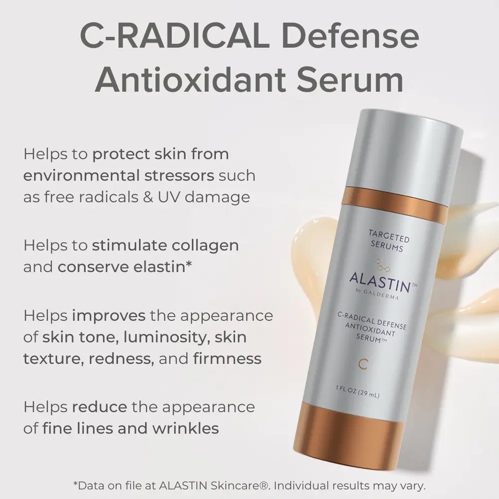 ALASTIN C-RADICAL Defense Antioxidant Serum bottle with product description on a light gray background