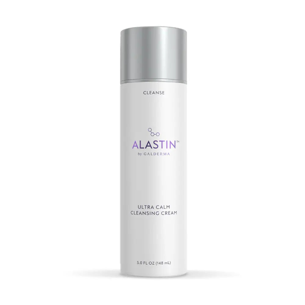 A white cylindrical bottle of ALASTIN Ultra Calm Cleansing Cream with a metallic silver cap, shown on a clean white background.