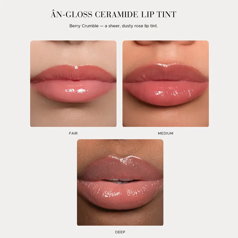 Lip tint shades on different skin tones with Anfisa An-Gloss Berry Crumble