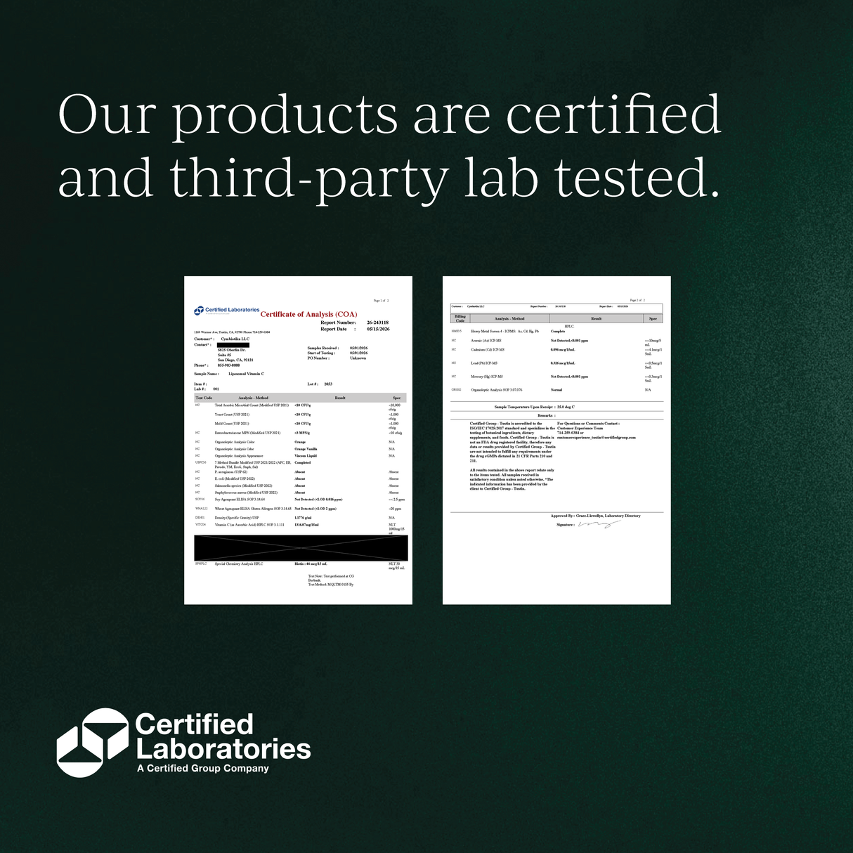 Two certification documents on a dark green background with 'Certified Laboratories' logo.