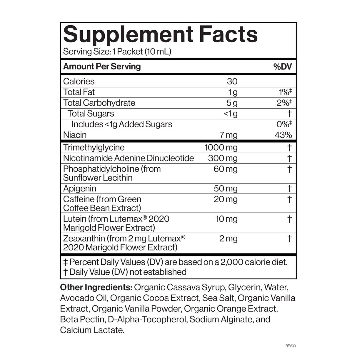 NAD + Supplement facts label with detailed nutritional information on a white background