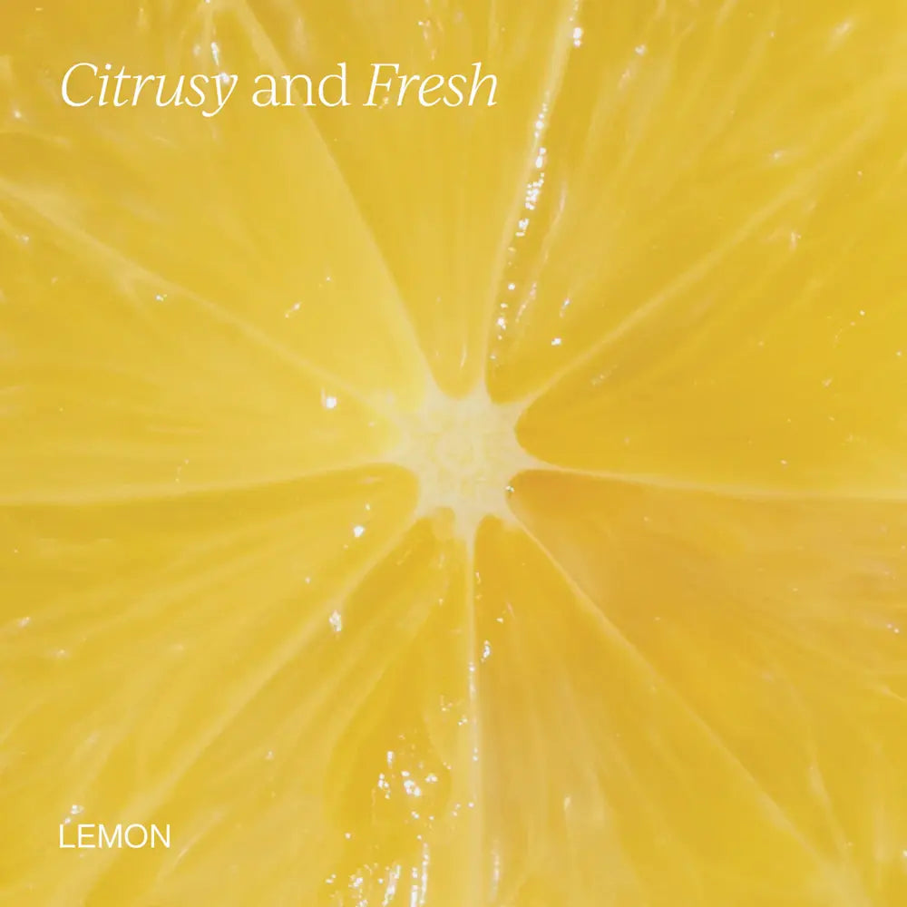 A close-up yellow lemon texture with radiating pulp rays and glossy juice droplets, with the words 'Citrusy and Fresh' at the top and 'LEMON' at the bottom left.