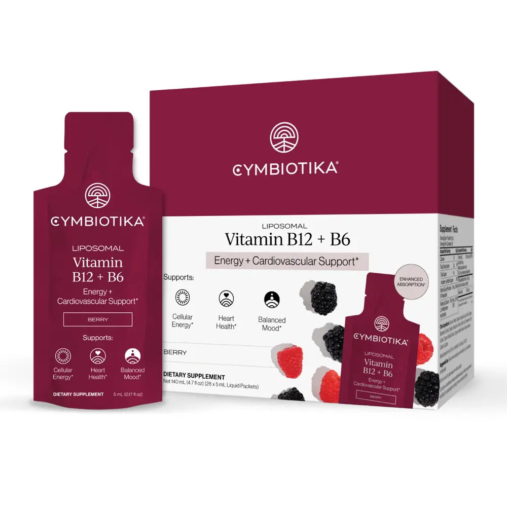 Cymbiotika Liposomal Vitamin B12 + B6 dietary supplement shown as a large retail box and a single liquid pouch, both in berry flavor, on a clean white background.
