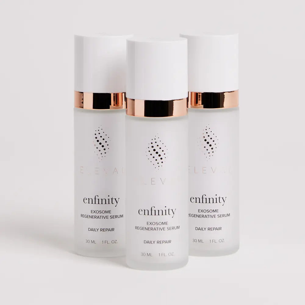 Three bottles of Elevai Enfinity Exosome Regenerative Serum on a white background