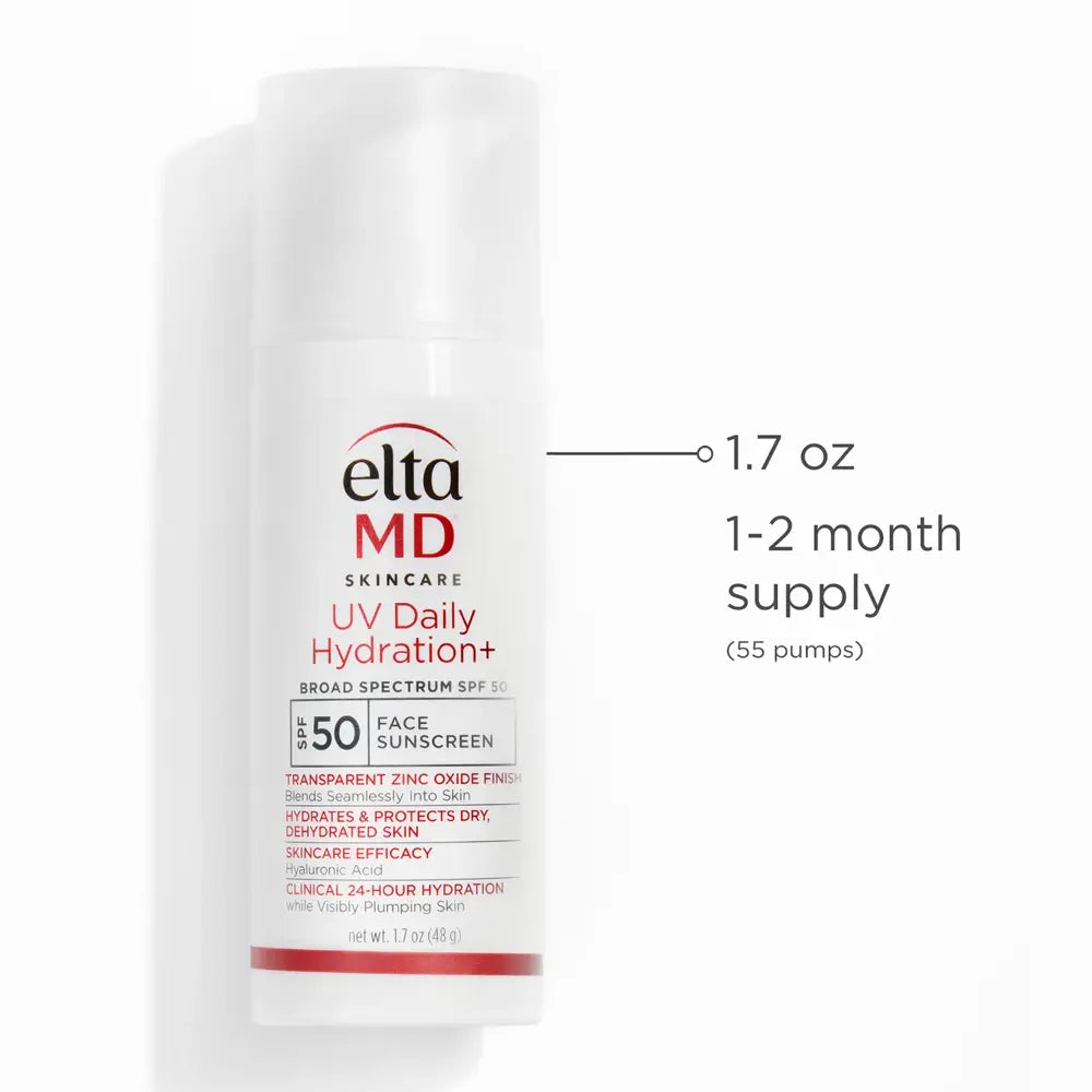 Elta MD Skincare UV Daily Hydration+ Broad Spectrum SPF 50 face sunscreen in a 1.7 oz white pump bottle, shown on a white background with a text callout indicating a 1-2 month supply of 55 pumps.