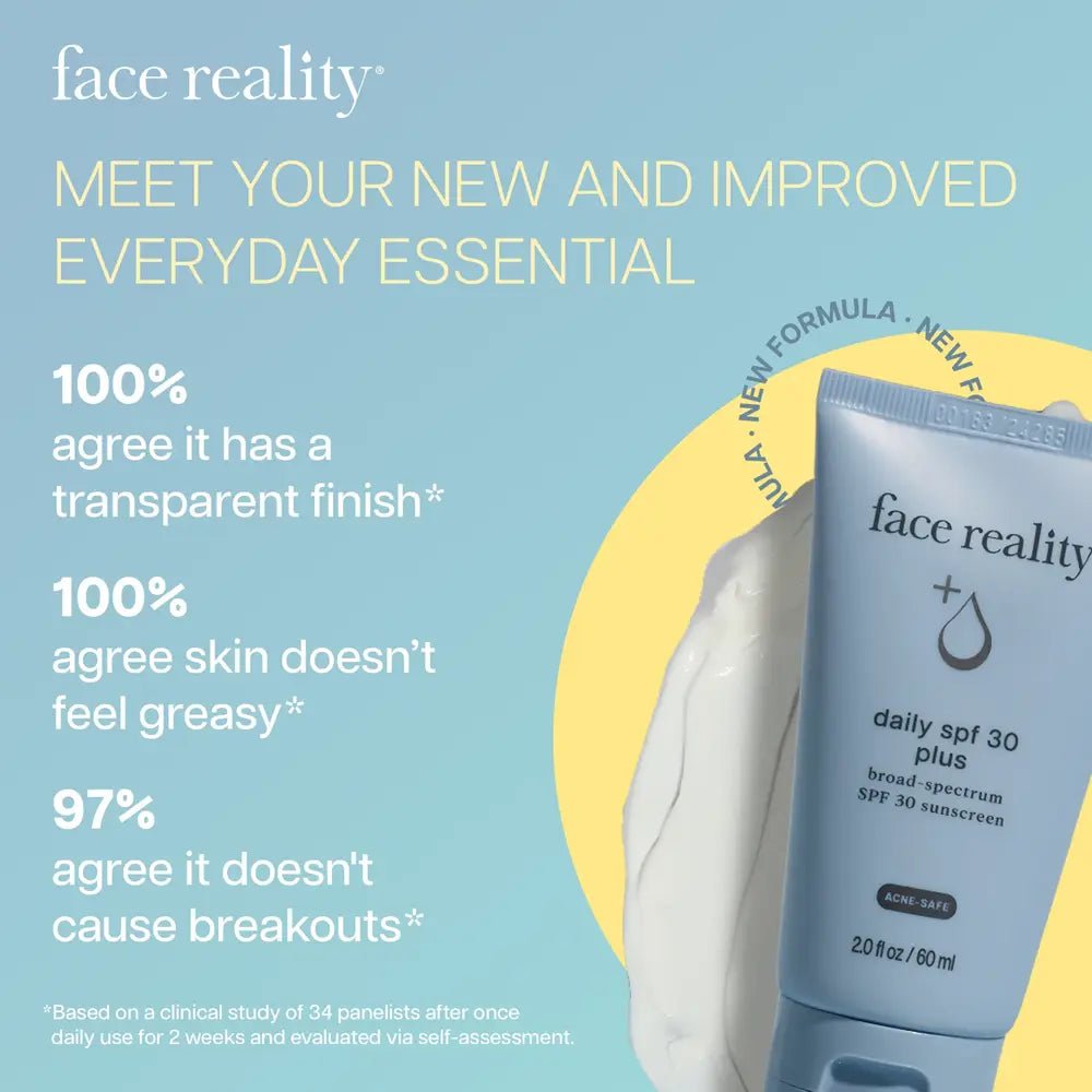 Face Reality daily SPF 30 plus sunscreen with product and text on a blue background.