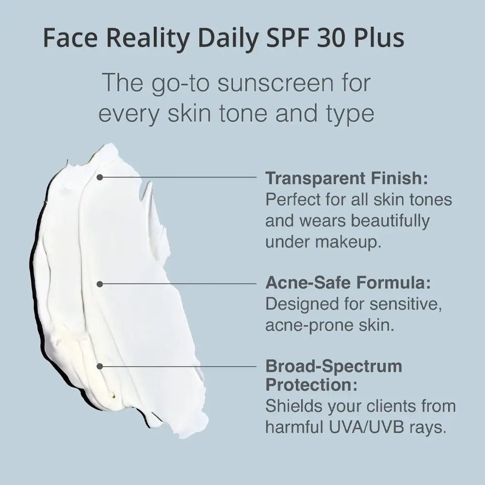 Face Reality Dailty SPF 30 Sunscreen product with features listed on a light blue background