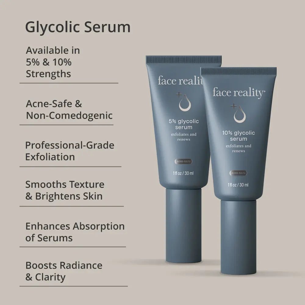 Glycolic Serum product benefits text on tan background