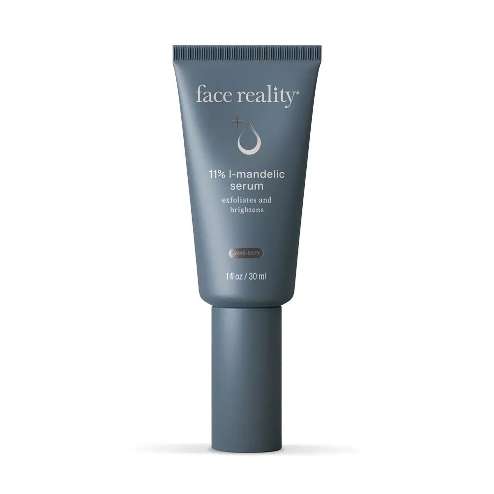 Tube of 'face reality' 11% l-mandelic serum on a white background