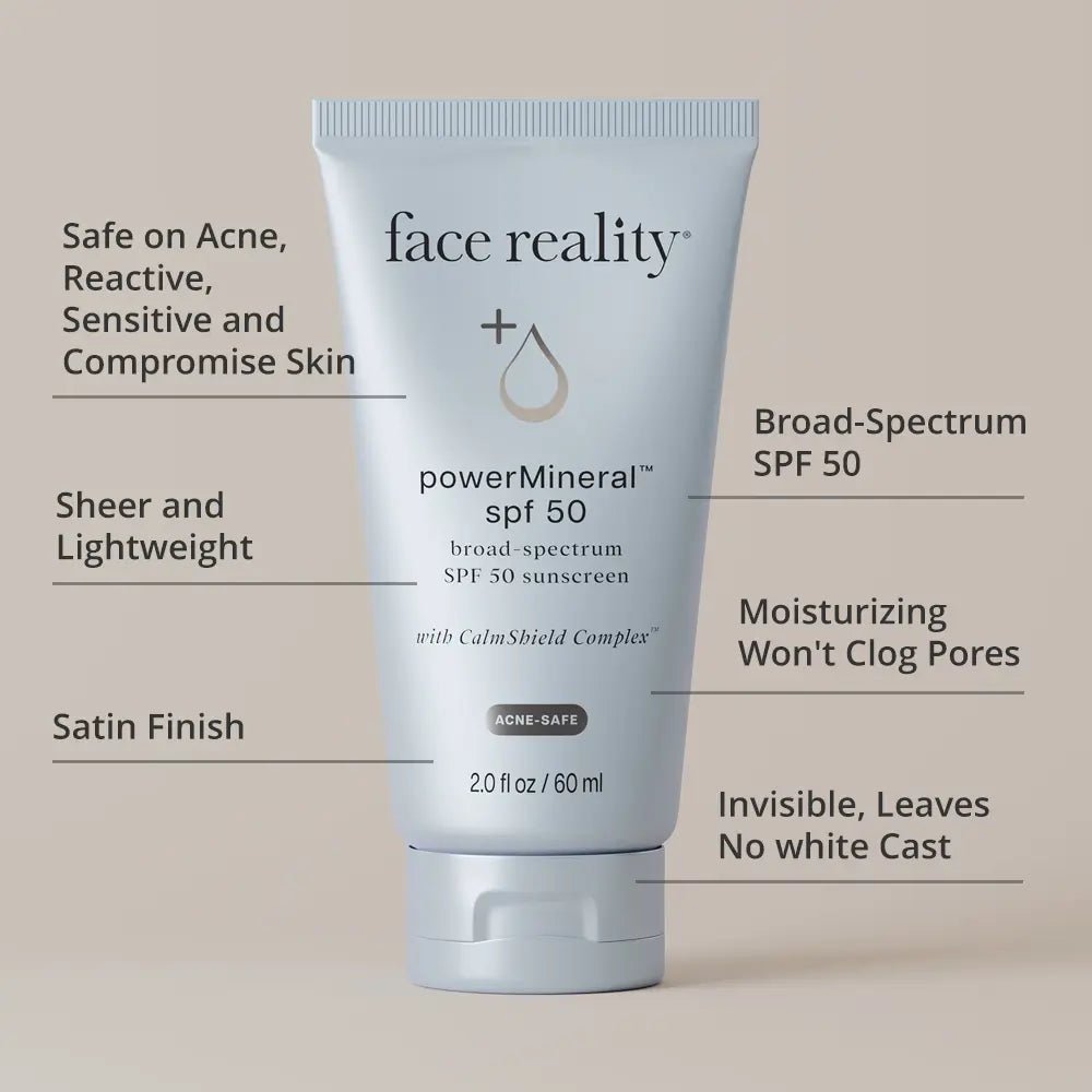 Tube of 'face reality' powerMineral SPF 50 sunscreen on a beige background with product features listed.