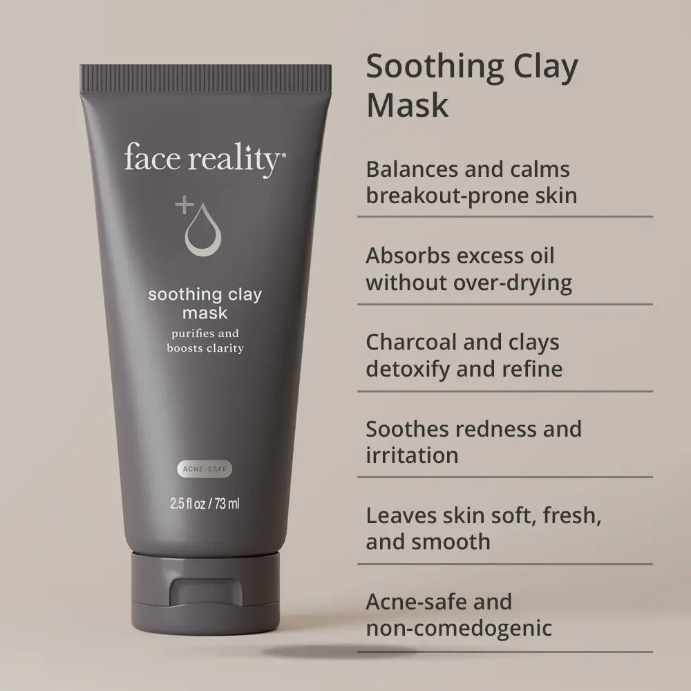 Tube of 'face reality' soothing clay mask with product details on a beige background