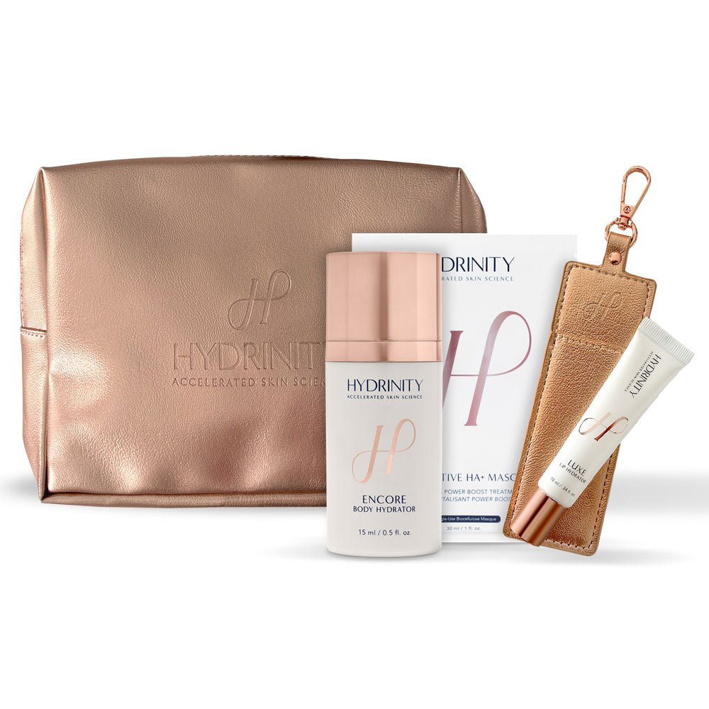 Gift - Hydrinity Cosmetic Bag with 1 Masque, Encore Body Travel Size, Luxe Lip and Deluxe Keychain - Your Skincare Source