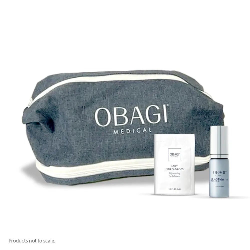 Gift- Obagi Denim Bag, ElastiDerm Facial Serum Travel Size, HydroDrops Eye Gel Sample Size