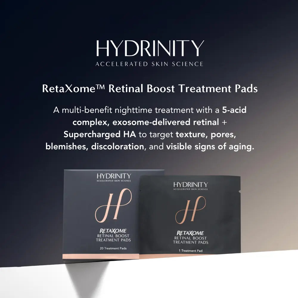 Hydrinity RetaXome Retinal Boost Treatment Pads a multi-benefit nighttime treatment with 5-acic complex and exosomes delivered Retinal.