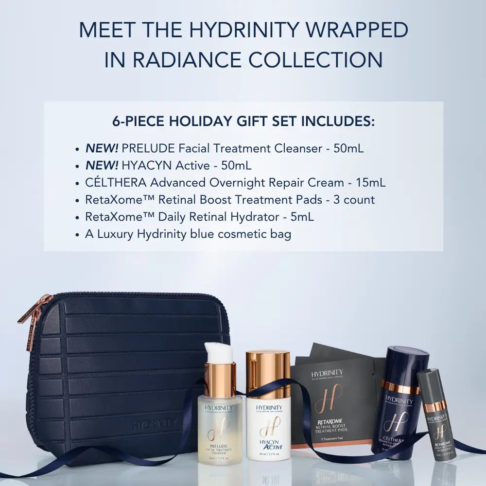 Hydrinity Wrapped in Radiance 6-piece holiday gift set contents list with the products and navy cosmetic bag