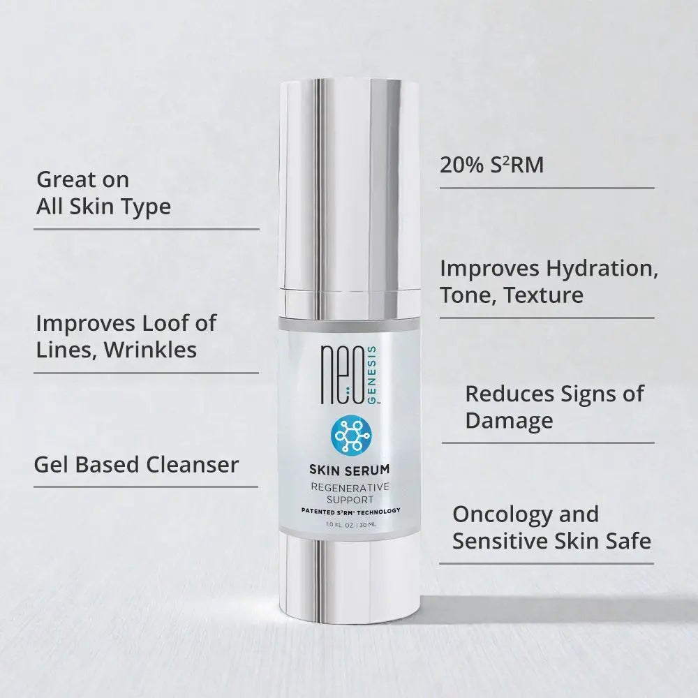 Neoferesis skin serum bottle with text highlighting its benefits on a light gray background