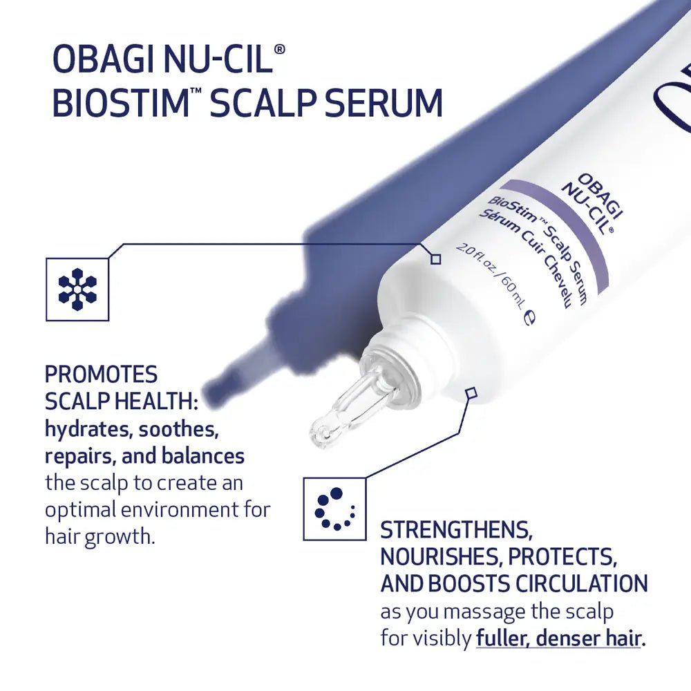 Obagi Nu-Cil Biostim Scalp Serum packaging with text highlighting its benefits.