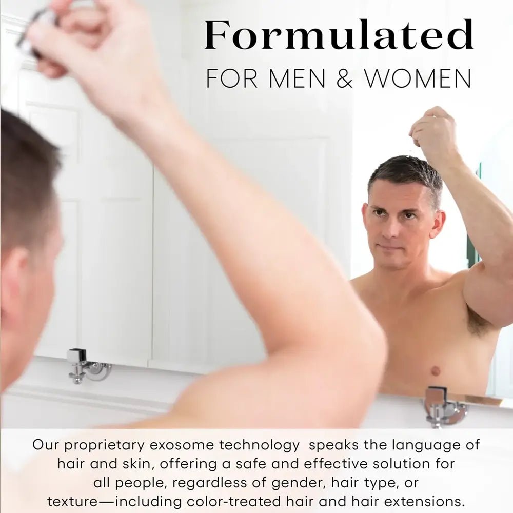 Man washing hair with a bottle labeled 'Formulated for Men & Women' in a bathroom setting.