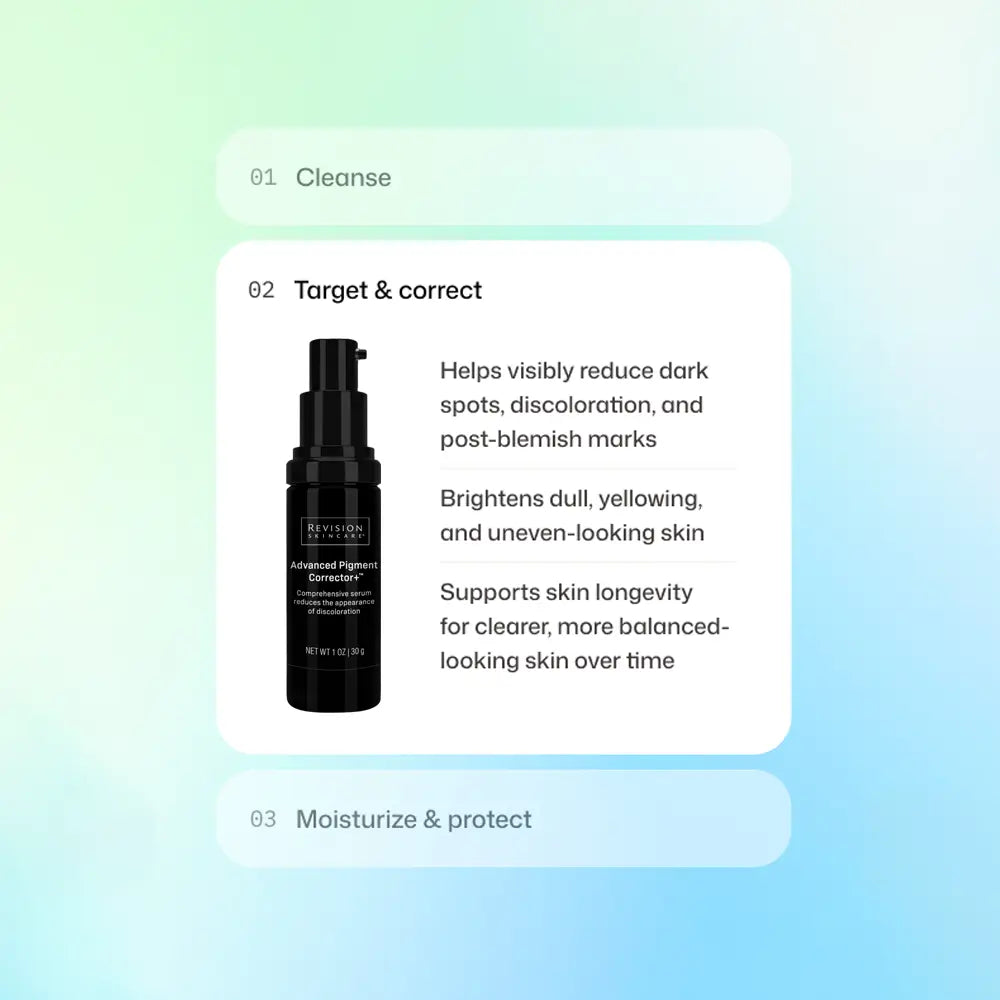 Revision Skincare Advanced Pigment Corrector+ serum - graphic shows where to add to the skincare routine - after cleansing