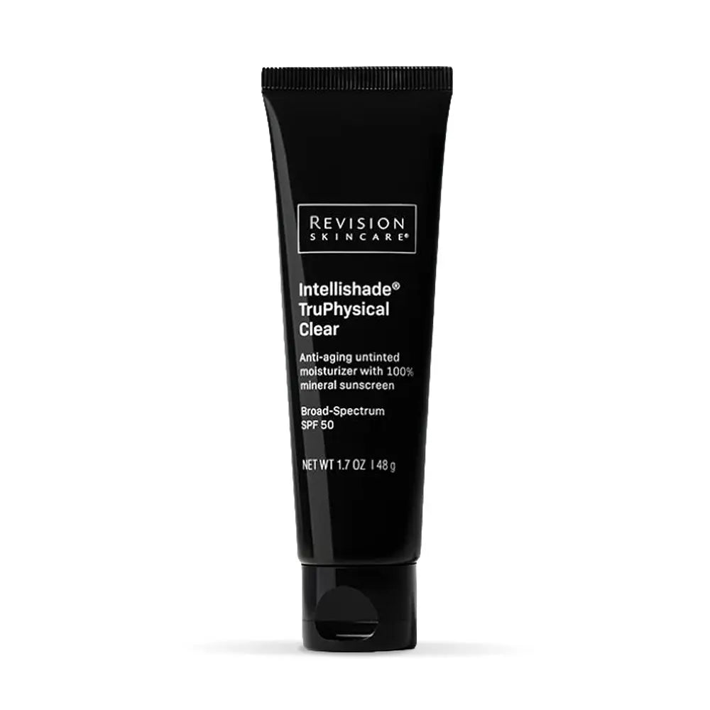 A black squeeze tube of Revision Skincare Intellishade TruPhysical Clear sunscreen, shown against a plain white background.