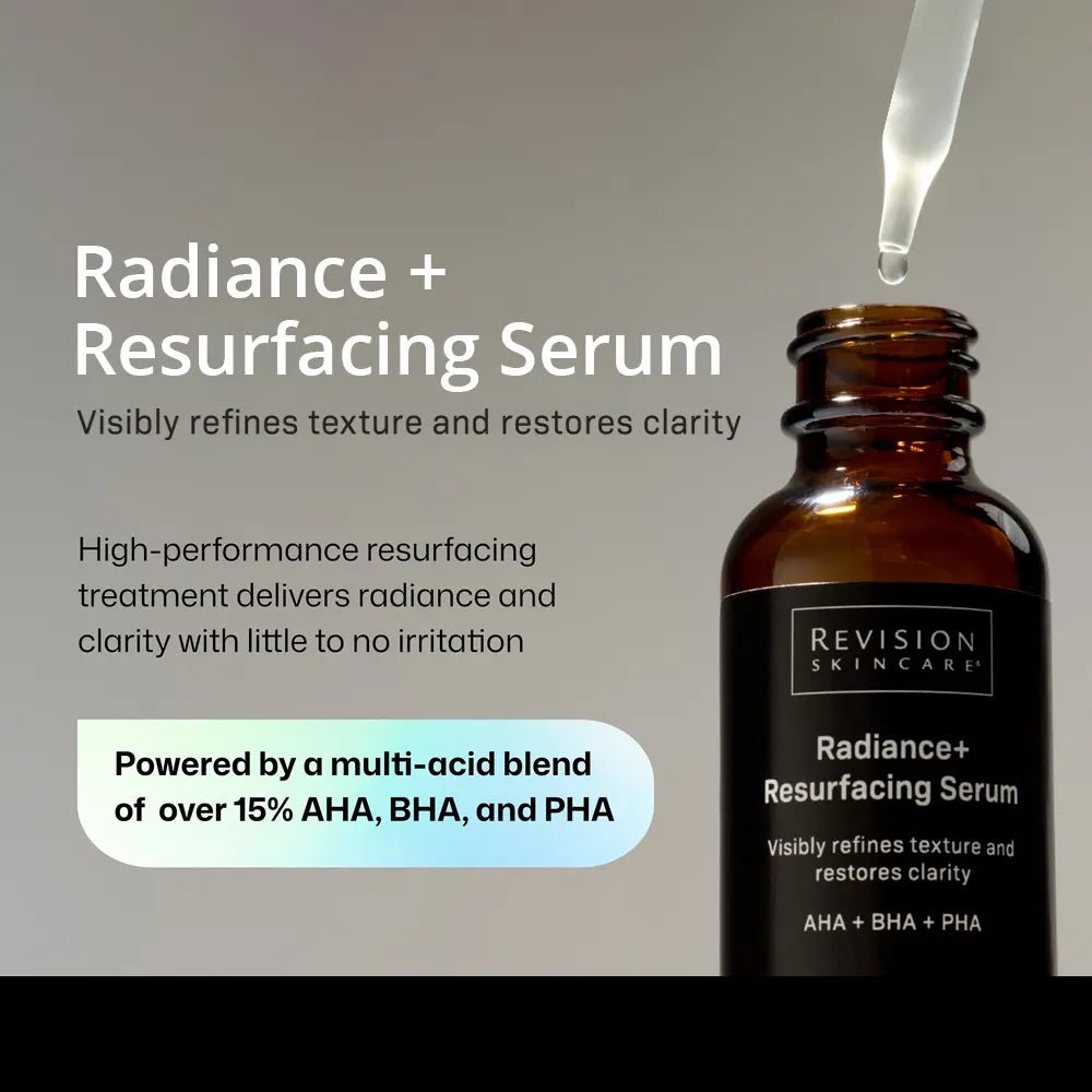 Revision Skincare Radiance + Resurfacing Serum bottle with dropper on a gray background