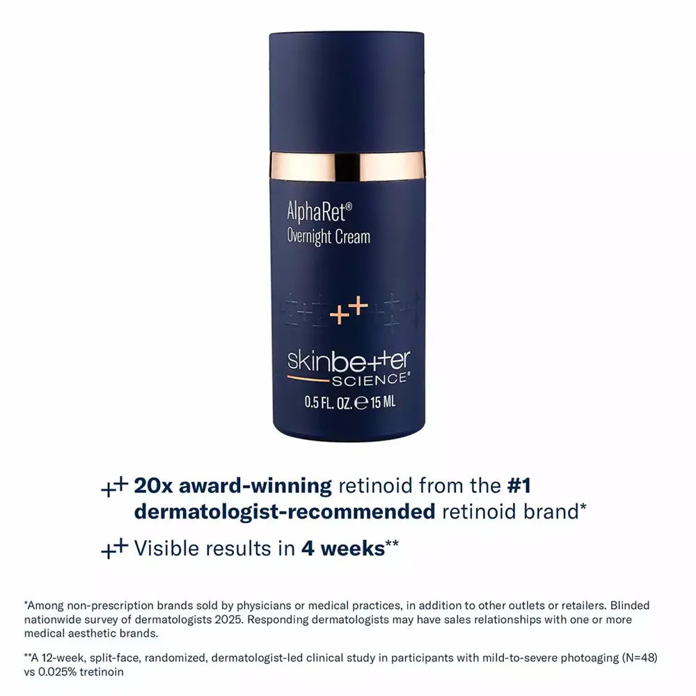 A dark navy blue skincare bottle labeled 'AlphaRet Cream' by skinbetter with a metallic gold band around the middle, shown on a white background with product benefits below.