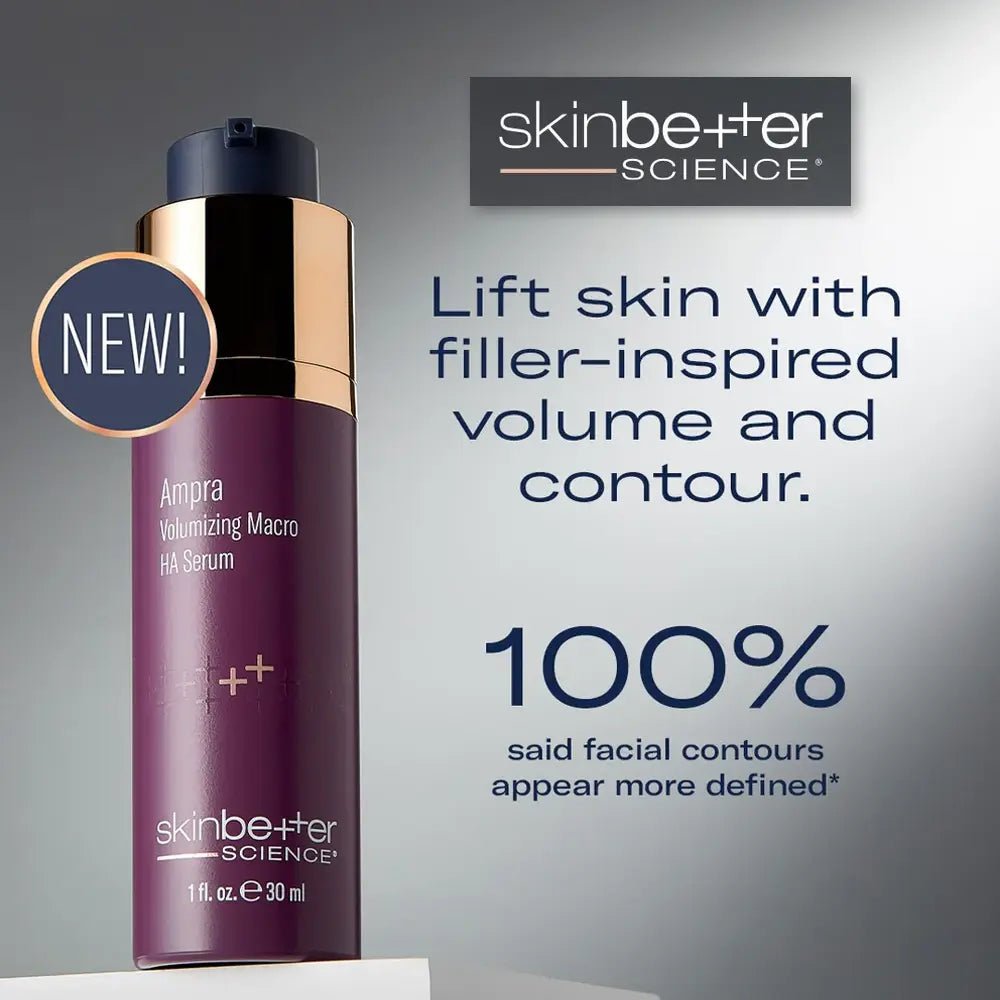 Skinbetter Science Ampra Volumizing Macro HA Serum bottle with promotional text on a gray background