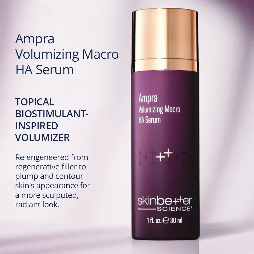 Ampra Volumizing Macro HA Serum bottle with text on a light gray background