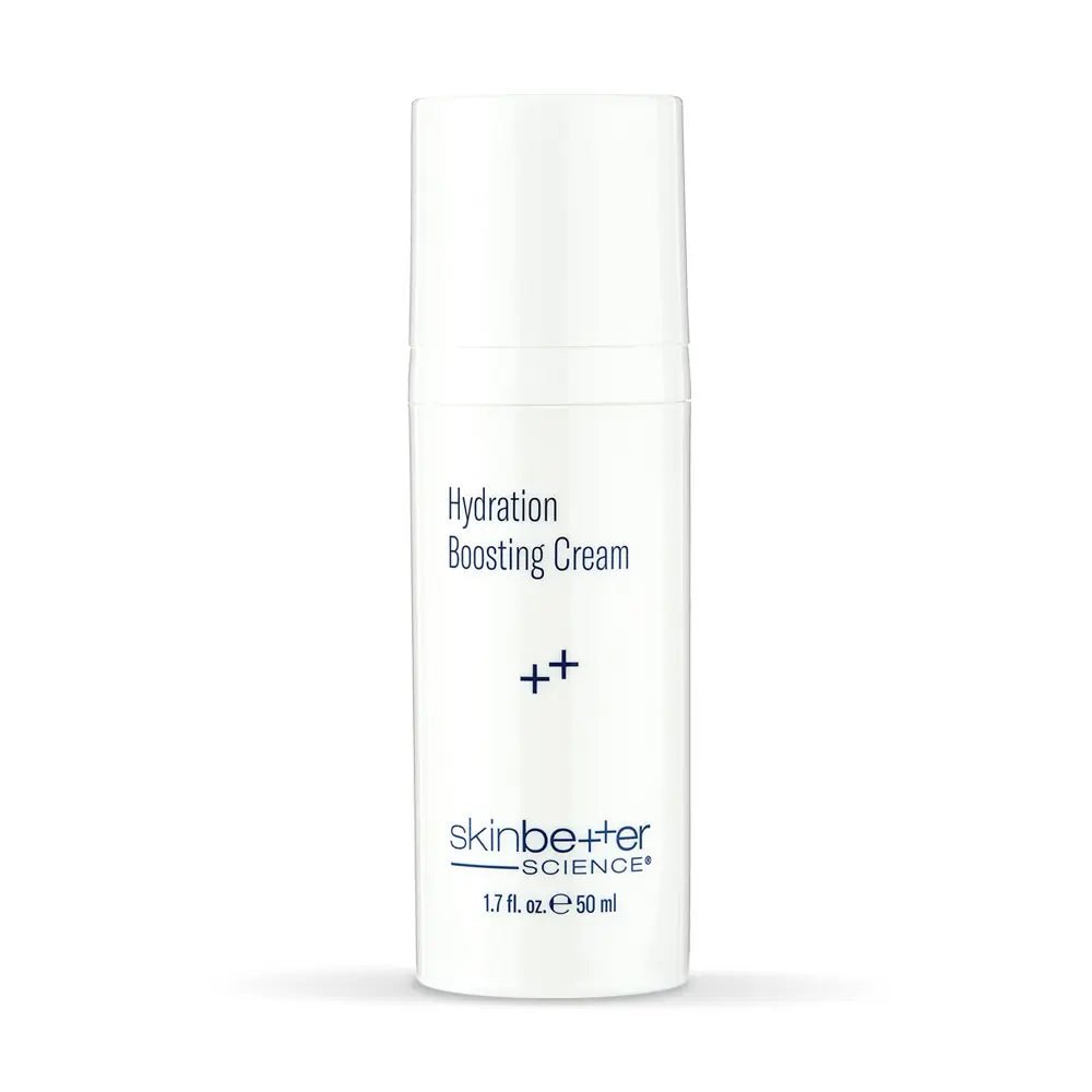 Skincare cream bottle labeled 'Hydration Boosting Cream' by 'skinbetter science' on a white background