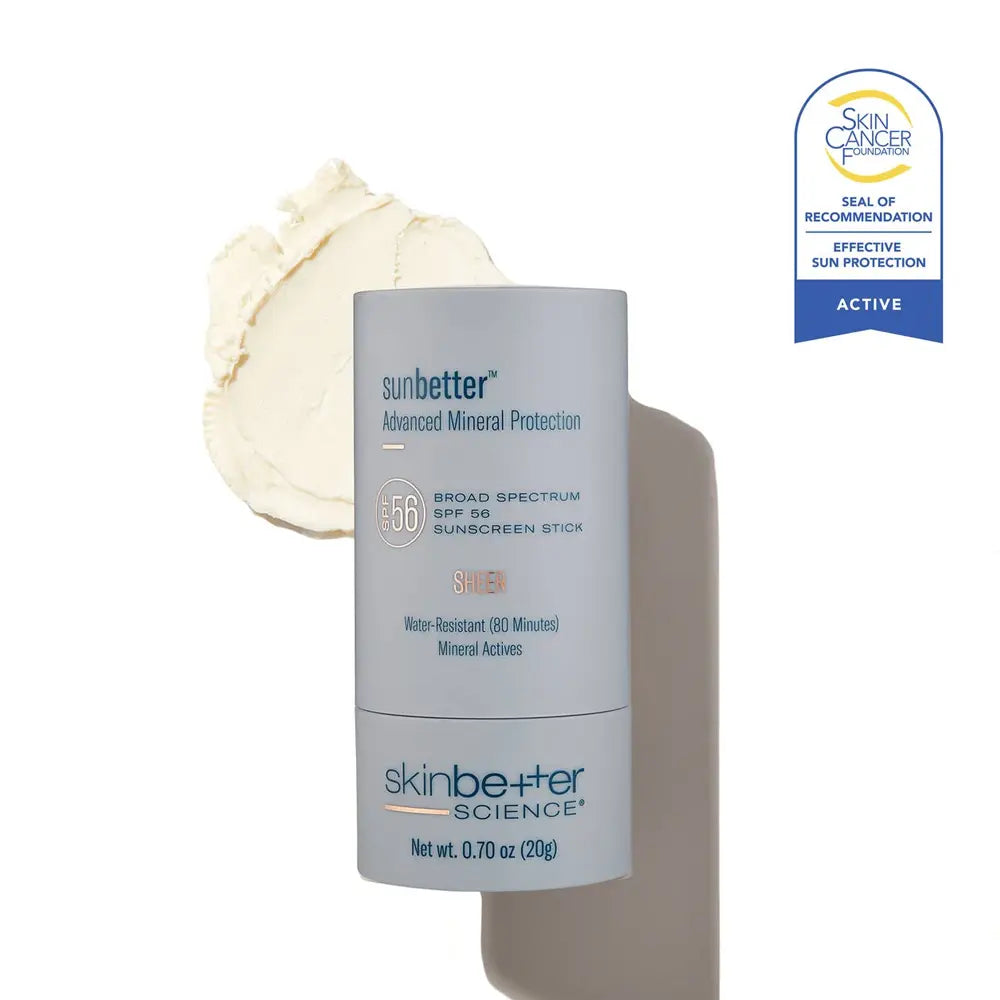 SkinBetter Sunbetter Sheer SPF 56 Sunscreen Stick texture and skin cancer seal