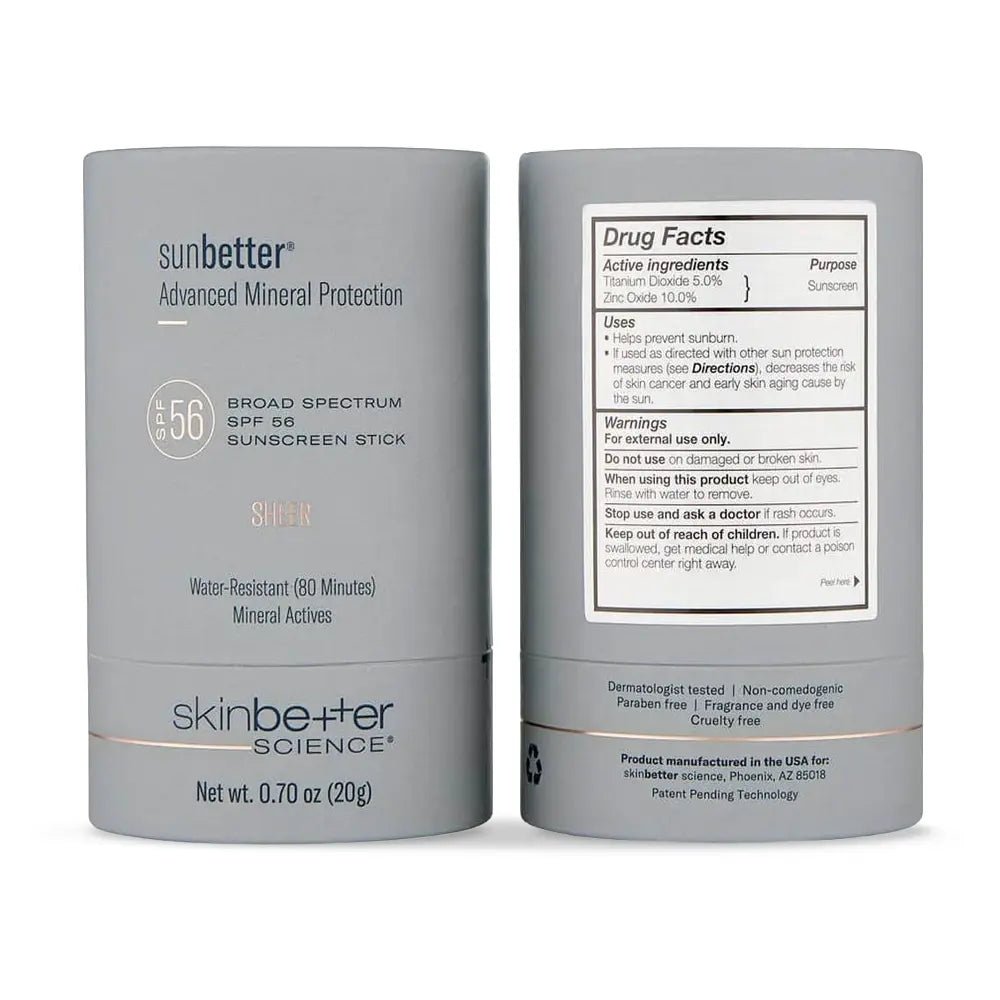 SkinBetter Sunbetter Sheer SPF 56 Sunscreen Stick fron tnad back with drug facts label