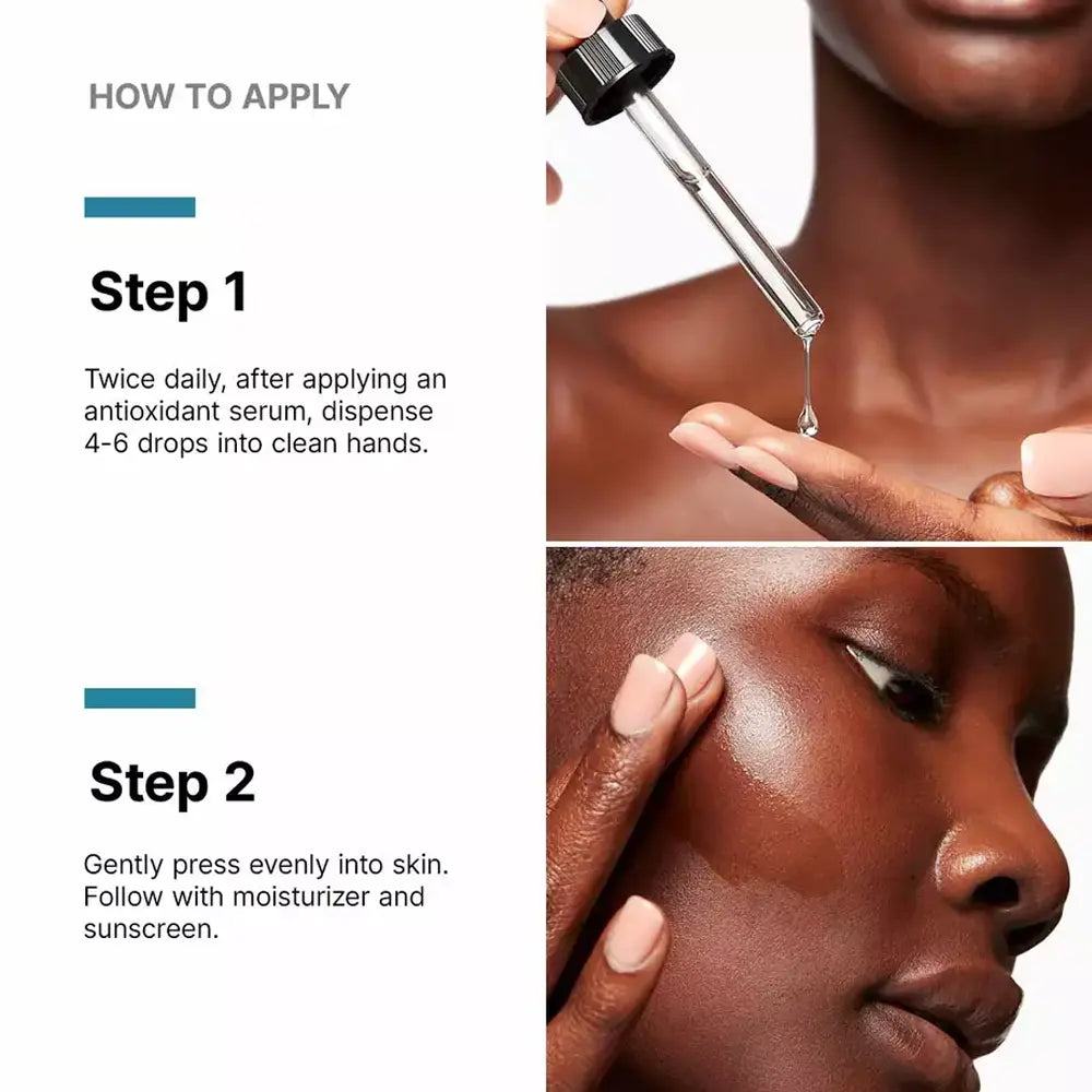 Instructional graphic showing how to apply a SkinCeuticals P-Tiox Anti-Wrinkle Serum, with text reading 'HOW TO APPLY' and two steps: dispensing drops from a dropper onto a hand and gently pressing the serum into skin. The right side includes close-up photos of a person's hand and face.