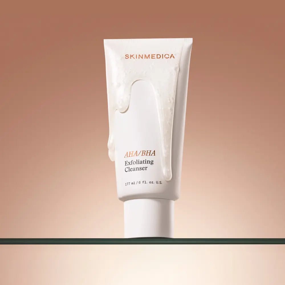 Tube of SkinMedica AHA/BHA Exfoliating Cleanser on a gradient background