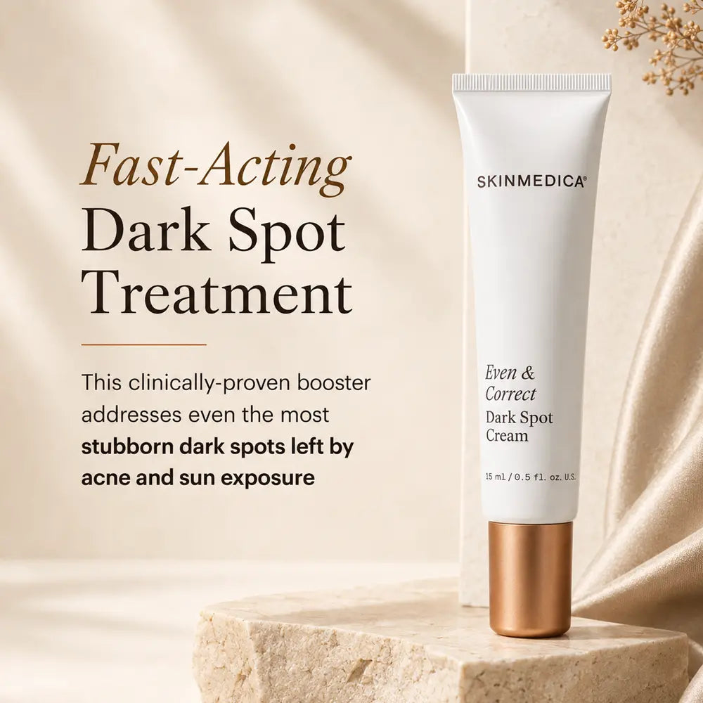 A white tube of SkinMedica Even & Correct Dark Spot Cream with a metallic rose gold cap, with fast-acting dark spot treatment message.