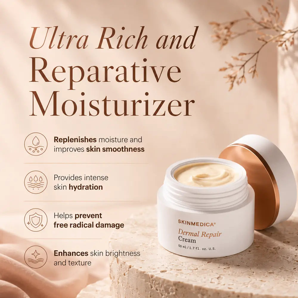 Skinmedica Dermal Repair Cream jar with its lid off, set on a textured stone pedestal with promotional text highlighting its repair and moisturizing benefits.