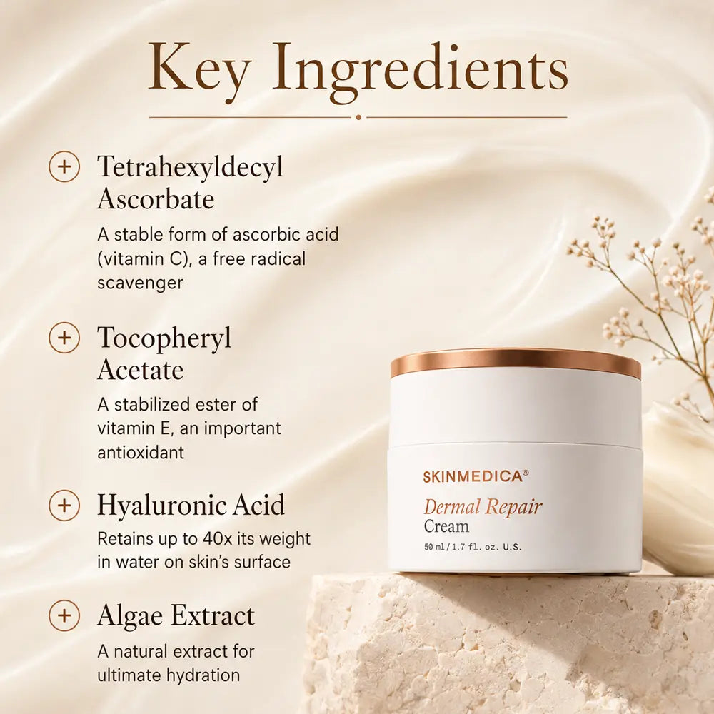 A graphic with the title 'Key Ingredients' on a warm cream background. The image lists ingredients including Tetrahexyldecyl Ascorbate, Tocopheryl Acetate, Hyaluronic Acid, and Algae Extract, alongside a white jar of SkinMedica Dermal Repair Cream with a metallic gold lid resting on a stone pedestal.