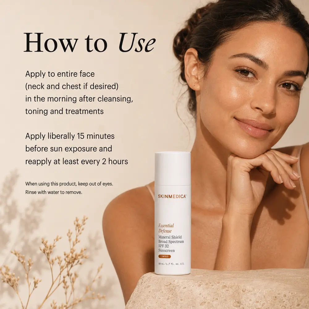 A woman with a radiant complexion is shown beside a white SkinMedica Essential Defense Mineral Shield SPF 32 Tinted bottle, with text instructions on how to use the product on a warm beige background.