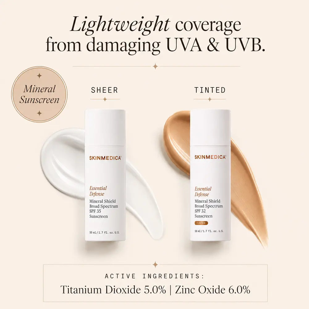 A comparison between SkinMedica SkinMedica Essential Defense Mineral Shield SPF 35 Untinted and SkinMedica Essential Defense Mineral Shield SPF 32 Tinted