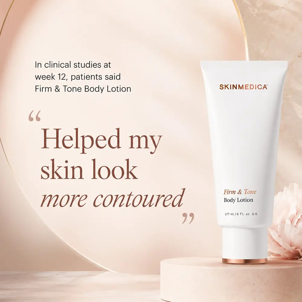 A white tube of SkinMedica Firm & Tone Body Lotion stands on a round pedestal against a soft beige background with decorative text and a quote about skin contouring.