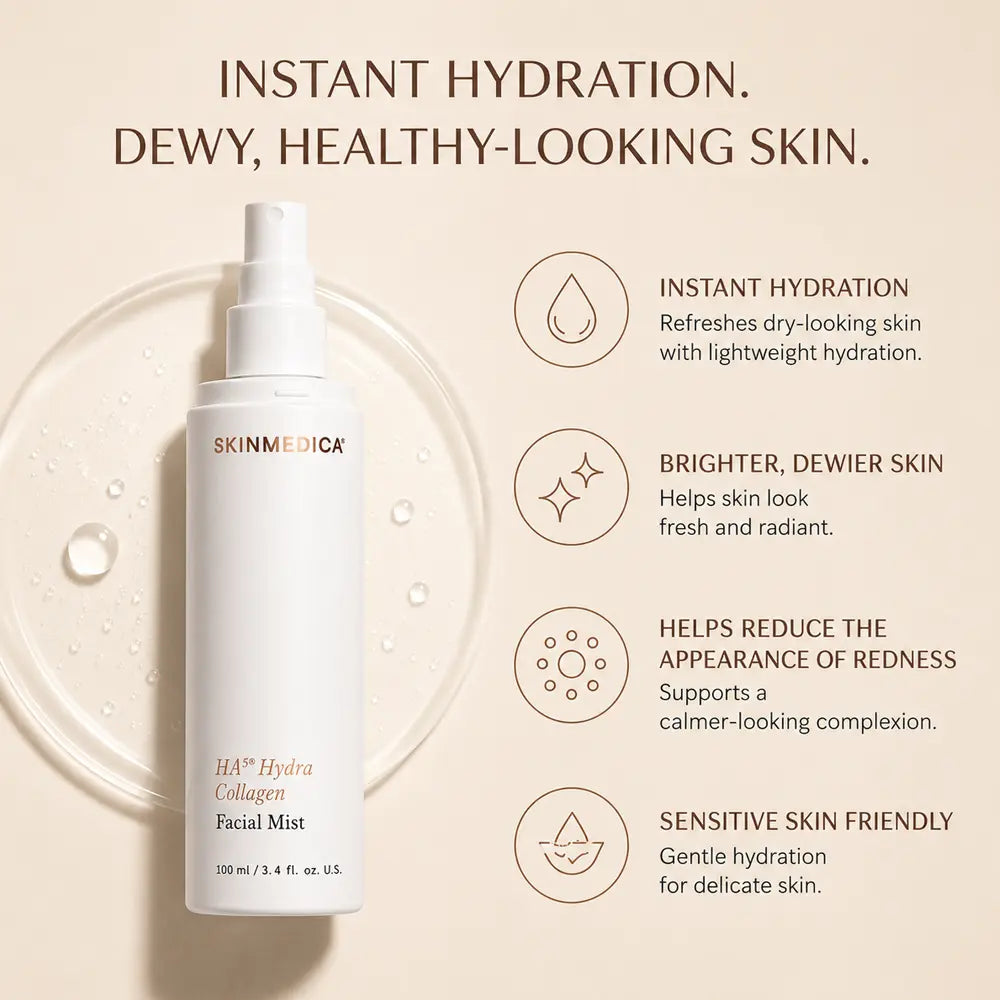 A bottle of SkinMedica HA5 Hydra Collagen Facial Mist on a warm beige background with benefits and icons describing instant hydration, brighter dewier skin, reduced redness, and sensitivity-friendly use.