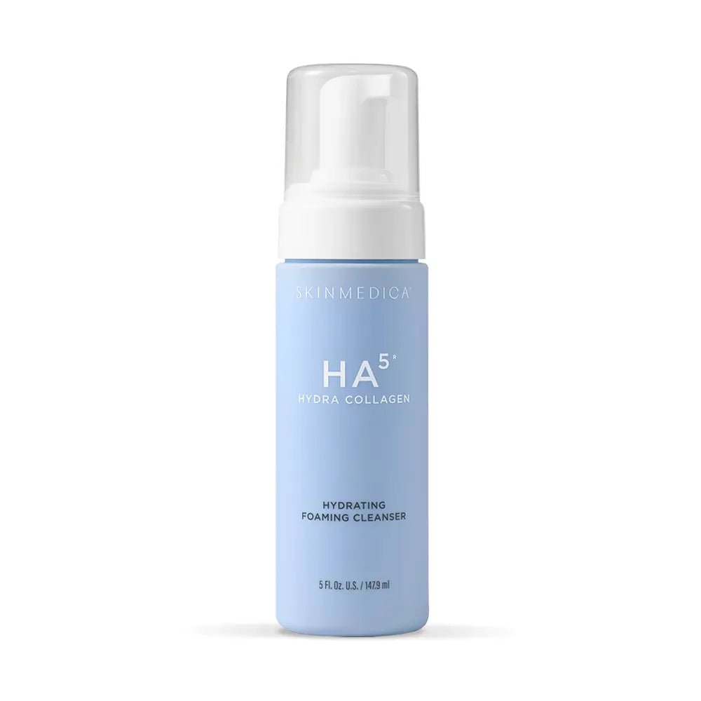 Blue bottle of HA5 Hydra Collagen Hydrating Foaming Cleanser with white pump on a white background