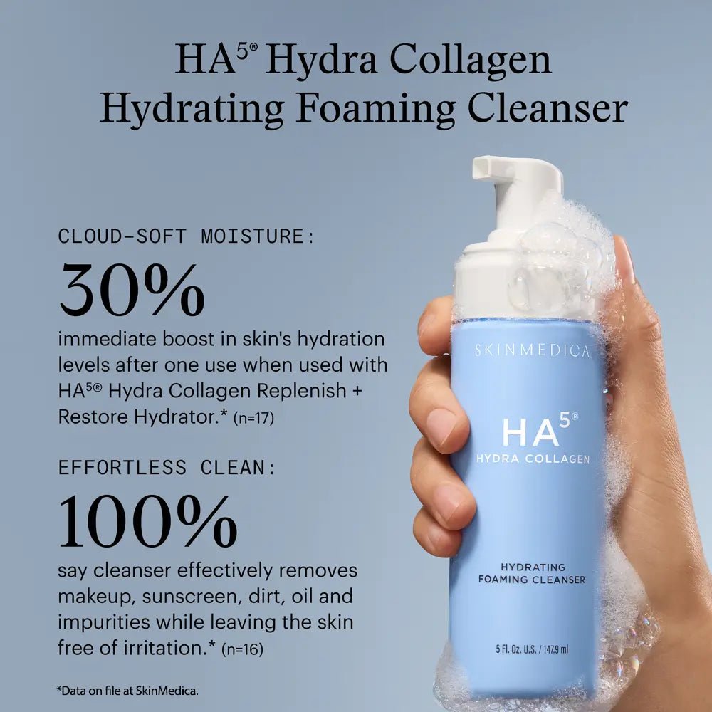 Blue bottle of HA5 Hydra Collagen Hydrating Foaming Cleanser stats