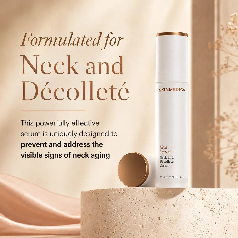 SkinMedica Neck Correct and Decolleté Cream, with its cap placed beside it on a textured pedestal. Large text reads 'Formulated for Neck and Décolleté' with supporting copy about preventing visible signs of neck aging.