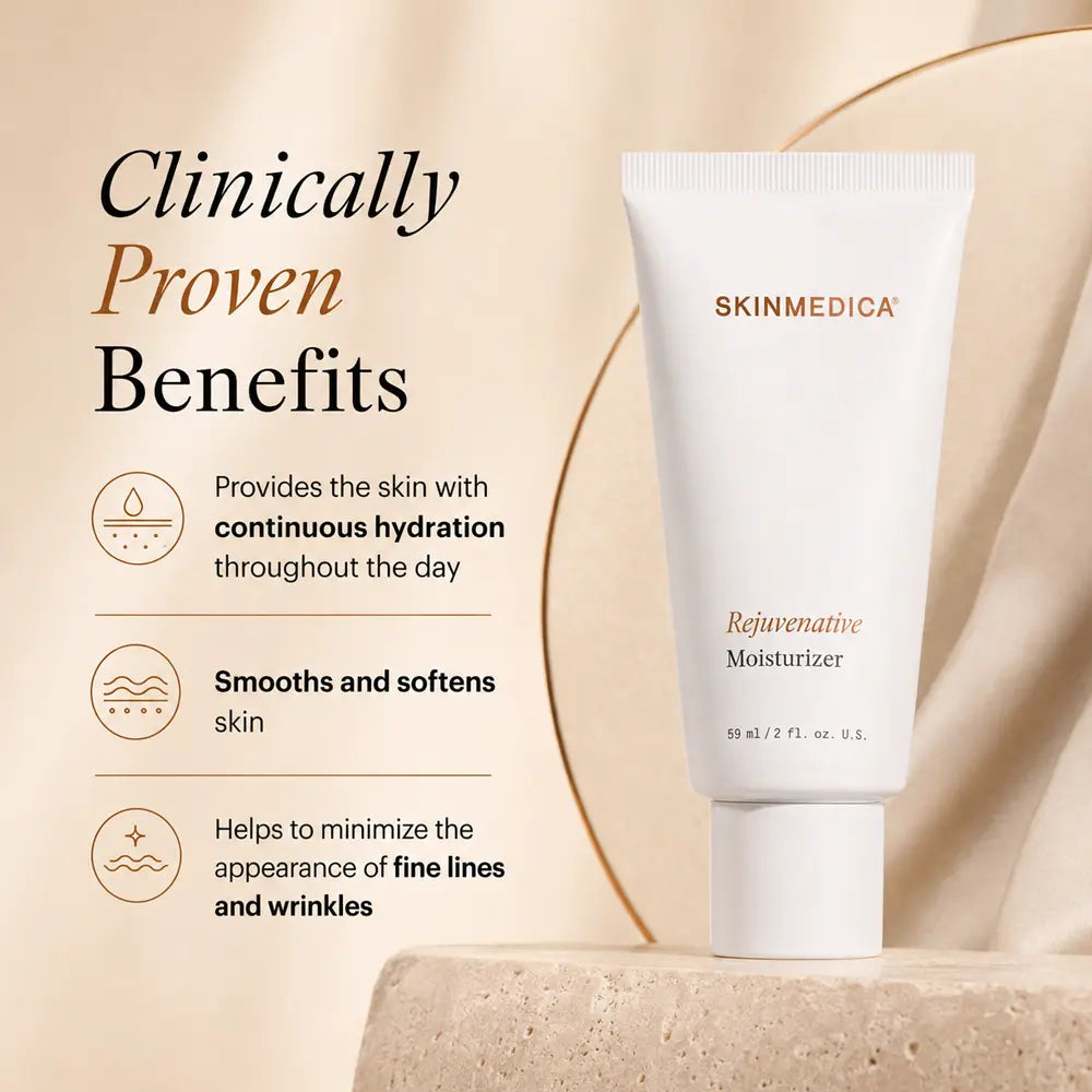 A white tube of SkinMedica Rejuvenative Moisturizer stands on a stone pedestal against a warm beige background with elegant draped fabric and gold lines. Text on the left highlights clinically proven benefits for hydration, skin smoothness, and wrinkle minimization.