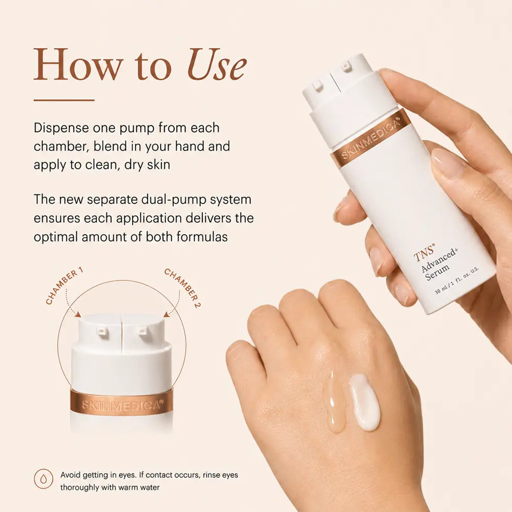 How-to-use graphic showing a hand holding a SkinMedica TNS Advanced+ Serum pump bottle while dispensing cream onto the other hand. Includes text instructions and a small pump cross-section diagram on a warm beige background.