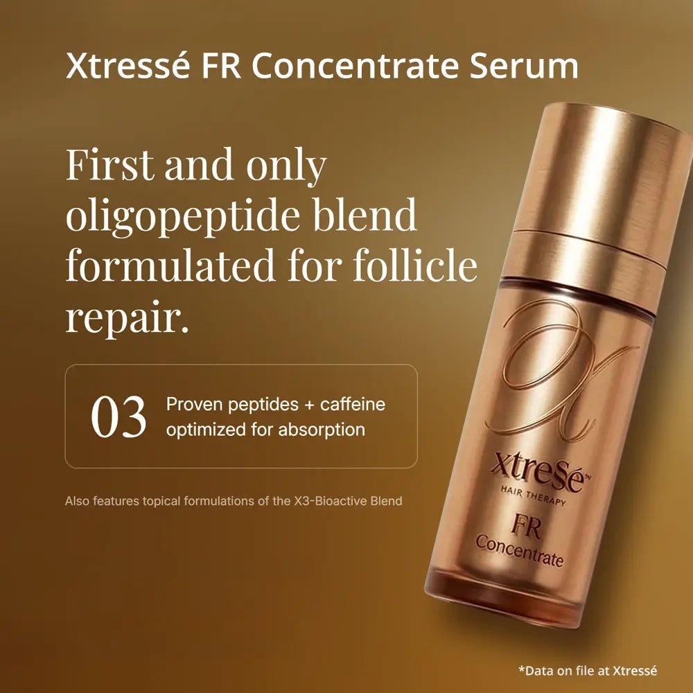 Xtresse FR Concentrate Serum bottle on a brown background with text about oligopeptide blend and follicle repair.