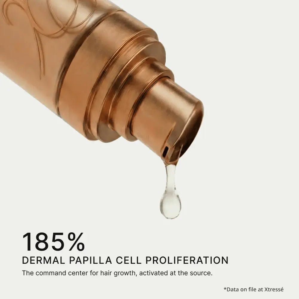 Bronze-colored Xtresse Hair Therapy FR Concentrate Hair Growth Serum, with a droplet of liquid featuring text about dermal papilla cell proliferation.