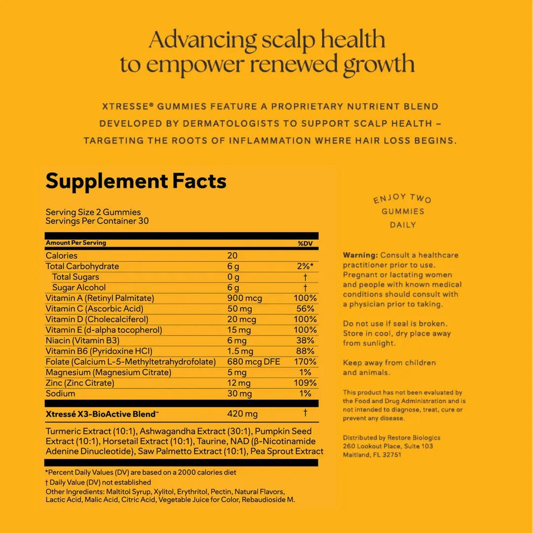 Supplement facts label for Xtresse gummies on a yellow background