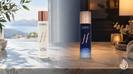 Bottles of Hydrinity Hydro-Lock Moisturizer and Celumeria Recovery Repair Cream on a marble counter
