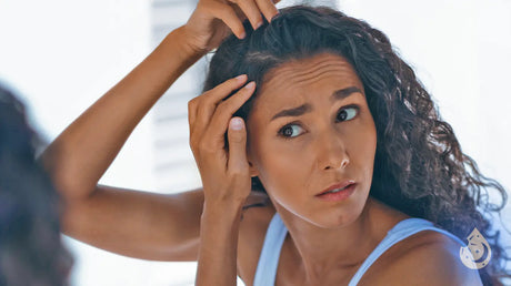 Brunette woman checking her part in a mirror to see results for hair growth